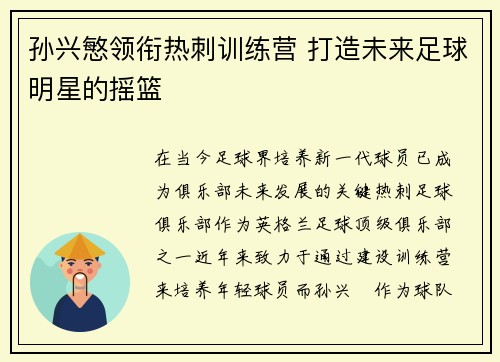 孙兴慜领衔热刺训练营 打造未来足球明星的摇篮