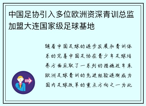 中国足协引入多位欧洲资深青训总监加盟大连国家级足球基地 中国足协引入多位欧洲资深青训总监加盟大连国家级足球基地
