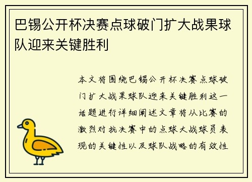 巴锡公开杯决赛点球破门扩大战果球队迎来关键胜利 巴锡公开杯决赛点球破门扩大战果球队迎来关键胜利